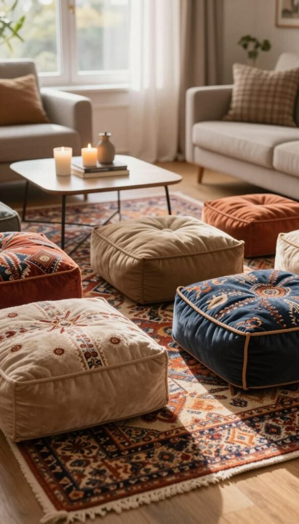 A cozy living room scene featuring a beautifully patterned teppiche (rug) in warm colors, adorned with a collection of plush kissen (cushions) in various textures and complementary hues. The foreground showcases a close-up of the rug and cushions, with inviting textures and intricate designs. The middle ground features a stylish coffee table topped with a few decorative items, such as candles and books, enhancing the inviting atmosphere. The background reveals a softly-lit window with sheer curtains, allowing natural light to filter in, casting a warm glow across the room. The overall mood is serene and welcoming, evoking a Pinterest-inspired aesthetic that feels both authentic and homely. The branding "WohnKiste" subtly incorporated into the scene, blending harmoniously with the décor.