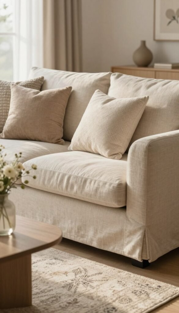 A cozy living room scene featuring a beautifully upholstered sofa in soft, natural fabrics such as linen or cotton, emphasizing warm, earthy tones. Scatter cushions in varied textures and subtle patterns rest on the sofa, enhancing comfort and style. In the foreground, a plush area rug with a delicate design adds warmth underfoot. The background features soft, natural lighting that creates a tranquil atmosphere, with gentle sunlight streaming through a nearby window. A minimalistic coffee table is placed in front of the sofa, adorned with a simple vase of fresh flowers. The overall aesthetic embodies a Pinterest-inspired look, showcasing the elegance of WohnKiste's textile designs while reflecting a calm, inviting mood. No text, logos, or watermarks in the image.