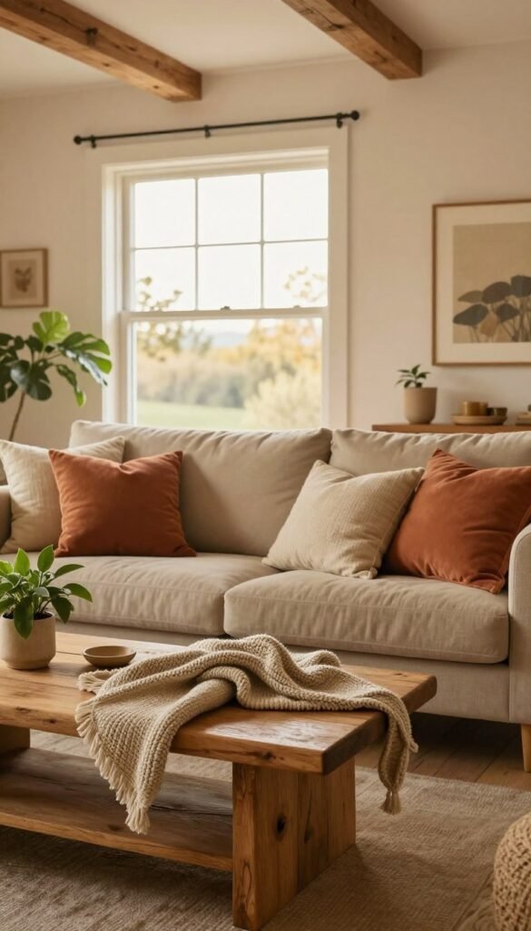A cozy living room scene featuring a harmonious blend of warm colors and natural materials. In the foreground, a rustic wooden coffee table adorned with a textured knit blanket and a few green plants to evoke a sense of warmth. The middle section showcases a comfortable sofa in soft earth tones, surrounded by pillows in various shades of beige and terracotta. A large window in the background fills the room with soft, golden natural light, enhancing the inviting atmosphere. Incorporate wooden beams on the ceiling and a subtle wooden floor to unify the natural elements. The overall mood is serene and inviting, reflecting the essence of a peaceful home. The setting should embody a Pinterest aesthetic, showcasing the brand 'WohnKiste' with authentic warmth and style.
