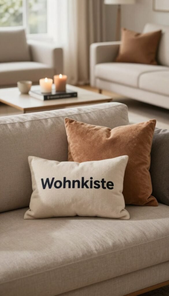 A cozy living room scene featuring a modern sofa adorned with stylish throw pillows from the brand "Wohnkiste". The sofa is positioned in the foreground, showcasing soft textures and a warm color palette, inviting a sense of comfort. Layered in the middle ground, a chic coffee table holds decorative items like candles and coffee books, enhancing the decorative appeal. In the background, a softly lit window allows gentle natural light to illuminate the room, creating a warm and inviting atmosphere reminiscent of a Pinterest aesthetic. The overall mood is relaxed yet sophisticated, perfect for a modern living space. Focus on authenticity, natural lighting, and a harmonious style without any text or distractions.