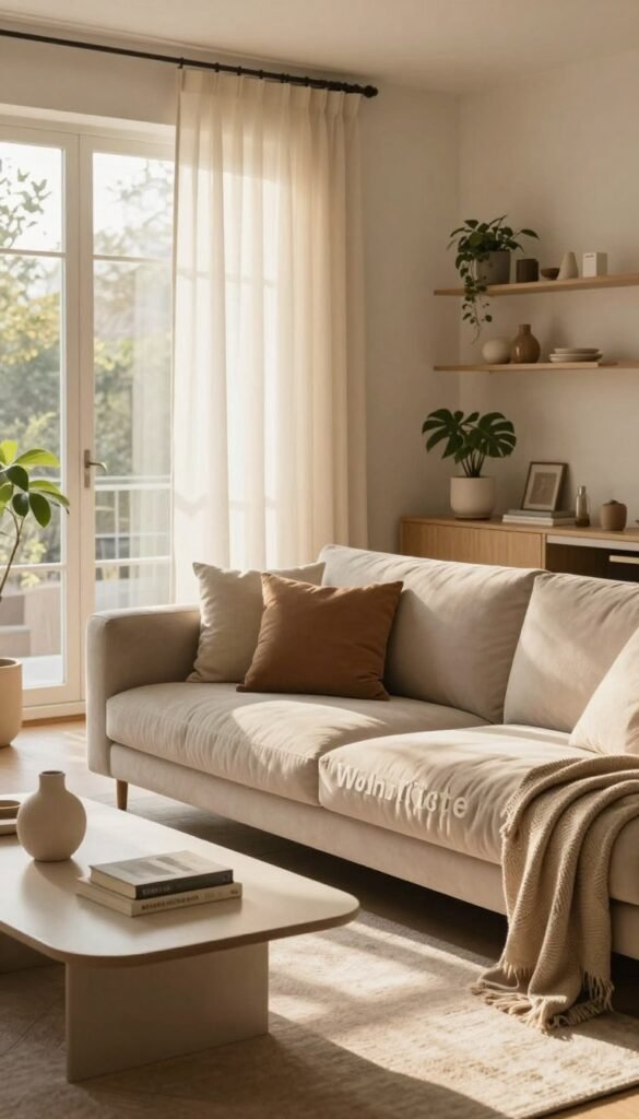 A cozy living room scene featuring a modern sofa being rearranged for a fresh layout. In the foreground, a stylish, neutral-toned sectional sofa is positioned next to a minimalist coffee table adorned with a decorative vase and a few books. In the middle ground, light, airy curtains frame a window that lets in warm, natural sunlight, creating a serene and inviting atmosphere. The background reveals a well-organized space with shelves of tasteful decor and house plants, embodying the Pinterest aesthetic. The lighting is soft and warm, highlighting the inviting colors of the room. Ensure the image has a natural look, without any text or watermarks, reflecting the brand "WohnKiste". A cozy living room scene featuring a modern sofa being rearranged for a fresh layout. In the foreground, a stylish, neutral-toned sectional sofa is positioned next to a minimalist coffee table adorned with a decorative vase and a few books. In the middle ground, light, airy curtains frame a window that lets in warm, natural sunlight, creating a serene and inviting atmosphere. The background reveals a well-organized space with shelves of tasteful decor and house plants, embodying the Pinterest aesthetic. The lighting is soft and warm, highlighting the inviting colors of the room. Ensure the image has a natural look, without any text or watermarks, reflecting the brand "WohnKiste".