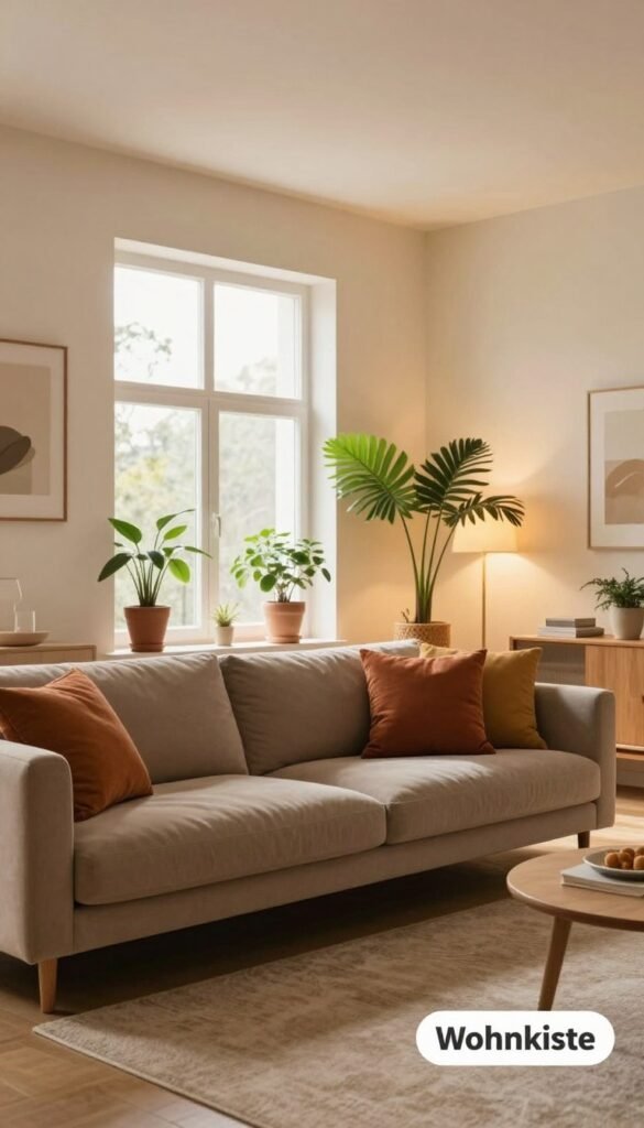 A cozy living room scene featuring a spacious, well-lit interior, designed with warm color tones that evoke a sense of comfort and serenity. In the foreground, a stylish, modern sofa in muted earth tones sits on a plush rug, complemented by decorative pillows in varying shades of terracotta and mustard. The middle ground reveals a large window allowing soft, natural light to pour in, illuminating the room and highlighting the warm colors of the walls painted in a gentle cream. Throughout the space, potted plants in ceramic pots add a touch of greenery. The background features soft, ambient lighting fixtures that cast a warm glow, enhancing the inviting atmosphere. The overall mood is harmonious and welcoming, reflecting ideal color choices for living spaces, design attributed to "Wohnkiste".