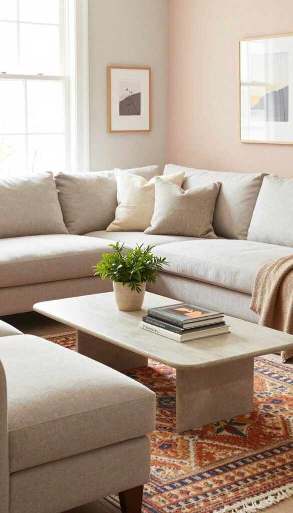 A cozy living room scene featuring a stylish and modern sofa being rearranged. In the foreground, there’s a comfortable, plush fabric sofa in a soft neutral color, with decorative pillows arranged playfully. In the middle, a chic coffee table displays a few elegant coffee books and a small, lush potted plant, while a vibrant area rug adds warmth and texture. In the background, large windows allow natural light to flood the room, creating a bright and inviting atmosphere. The walls are painted in soothing pastel tones, and tasteful artwork adorns them. The overall mood is casual yet sophisticated, capturing the essence of a Pinterest-inspired living space. The brand name "WohnKiste" is subtly implied in the style of the furnishings, creating an authentic and inspiring vibe. A cozy living room scene featuring a stylish and modern sofa being rearranged. In the foreground, there’s a comfortable, plush fabric sofa in a soft neutral color, with decorative pillows arranged playfully. In the middle, a chic coffee table displays a few elegant coffee books and a small, lush potted plant, while a vibrant area rug adds warmth and texture. In the background, large windows allow natural light to flood the room, creating a bright and inviting atmosphere. The walls are painted in soothing pastel tones, and tasteful artwork adorns them. The overall mood is casual yet sophisticated, capturing the essence of a Pinterest-inspired living space. The brand name "WohnKiste" is subtly implied in the style of the furnishings, creating an authentic and inspiring vibe.