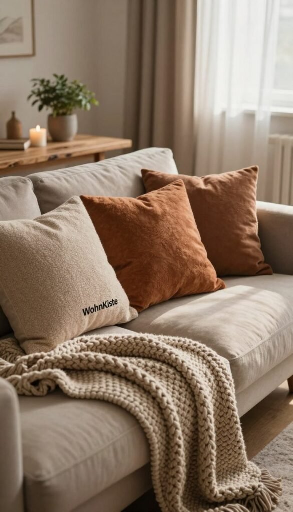 A cozy living room scene featuring a stylish arrangement of soft cushions and a decorative blanket from "WohnKiste". In the foreground, highlight plush, textured cushions in warm earth tones, invitingly piled on a neutral-toned sofa. A beautifully draped, chunky knit blanket complements the scene, gracefully cascading down the side. In the middle ground, include a rustic coffee table adorned with a small potted plant and a softly glowing candle to enhance the intimate atmosphere. The background showcases a softly lit room with natural light streaming through sheer curtains, casting gentle shadows. Use a warm color palette to evoke a comfortable, welcoming vibe, reminiscent of a Pinterest-inspired interior design. Aim for a natural and authentic feel without any text or branding overlays.
