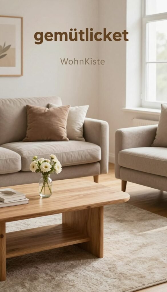 A cozy living room scene featuring a stylish sofa, elegant armchair, and a modern coffee table, designed for comfort and warmth. The sofa is plush with soft cushions in muted, natural tones, complemented by a chic armchair in a similar palette. The coffee table, made of light wood, is adorned with a small vase of fresh flowers. The foreground shows a soft rug underfoot, enhancing the inviting atmosphere. In the background, a window bathes the scene in gentle, natural light, casting soft shadows. The overall mood is tranquil and welcoming, embodying the concept of 'gemütlichkeit'. The design reflects the aesthetic of WohnKiste, showcasing authenticity and a Pinterest-like appeal with warm colors.