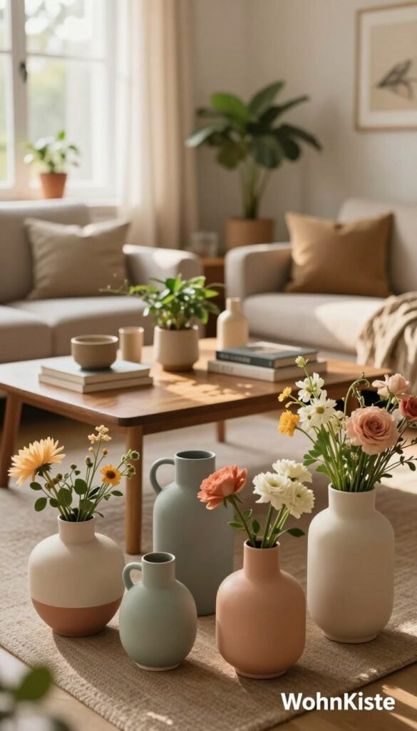 A cozy living room scene featuring a variety of stylish vases and accessories that add a personal touch. In the foreground, showcase a collection of modern ceramic vases in soft pastel colors, filled with fresh, lush flowers. The middle ground includes a wooden coffee table adorned with natural plants, books, and decorative items that reflect warmth and authenticity. In the background, a softly lit window lets in warm sunlight, illuminating the room with a comforting glow. The overall atmosphere exudes tranquility and a connection to nature, with a design aesthetic reminiscent of Pinterest inspiration. This is an image from "WohnKiste," capturing the essence of home decor without any text or branding elements.
