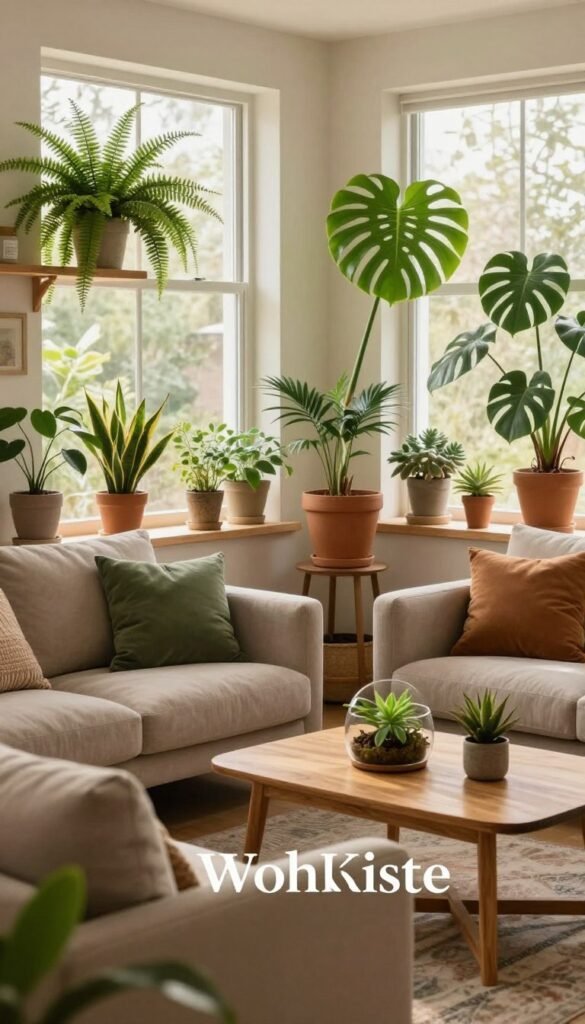 A cozy living room scene featuring an array of indoor plants, showcasing various types like ferns, succulents, and a tall monstera, placed strategically on shelves and window sills. The foreground includes a stylish seating area with a plush, neutral-colored sofa adorned with green and earthy-toned cushions. In the middle, a wooden coffee table is adorned with a small terrarium, enhancing the natural feel. The background reveals large windows allowing soft, warm daylight to filter in, creating a serene atmosphere. The color palette is warm and inviting, embodying a Pinterest-inspired aesthetic. The room has a casual yet sophisticated vibe, perfect for a fresh take on interior design. No text, logos, or human subjects are present, ensuring a clean image. Brand name: WohnKiste.