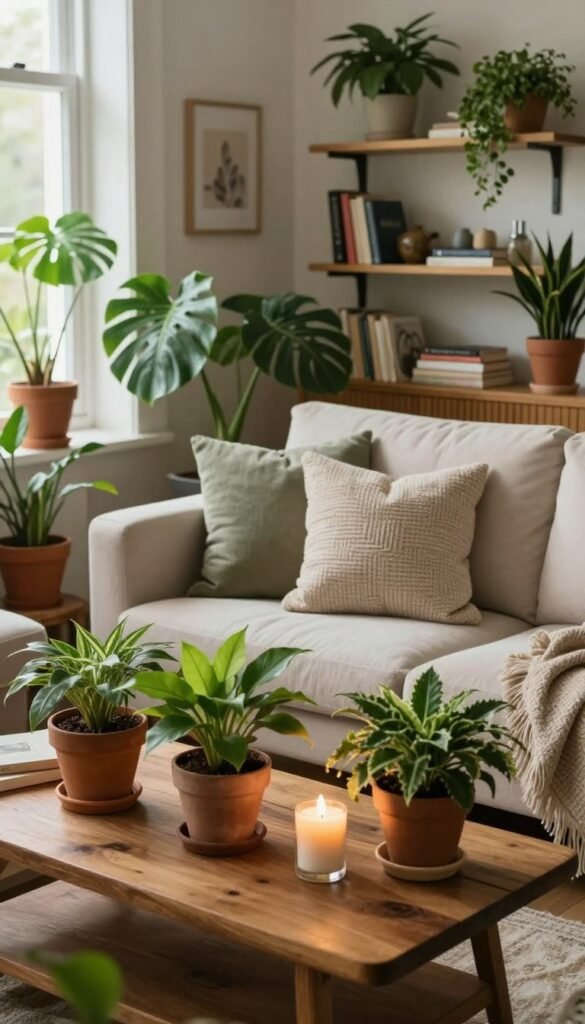 A cozy living room scene featuring an array of lush, green plants, creating a warm and inviting atmosphere. In the foreground, place a variety of potted plants on a stylish wooden coffee table, with a few small candles flickering softly nearby. In the middle, a comfortable sofa adorned with textured cushions complements the organic feel. The background should have a tastefully decorated shelf, displaying books and personal knick-knacks, illuminated by gentle, natural lighting that filters through a nearby window. Capture the essence of a Pinterest-worthy space, highlighting authentic earthy tones and details, while ensuring no text or branding is visible, except for subtle hints of "WohnKiste" in the decor. Aim for a serene, welcoming mood.