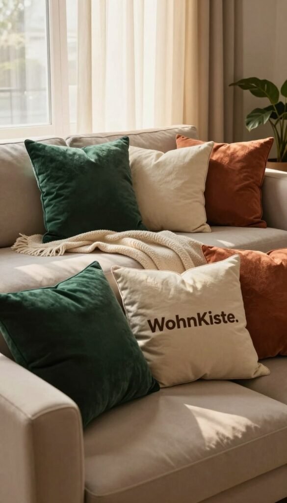 A cozy living room scene featuring an array of stylish cushions in various textures and colors: rich emerald green, soft cream, and muted terracotta. In the foreground, a plush, inviting sofa adorned with these cushions creates a sense of warmth and comfort. The middle layer showcases a beautifully draped throw blanket casually placed next to the cushions, enhancing the inviting atmosphere. In the background, soft, sheer curtains gently filter warm sunlight, casting a golden hue over the scene. The interior design reflects a Pinterest aesthetic, with a touch of natural elements like potted plants peeking through. The setting should evoke a feeling of completion and homeliness, embodying the essence of "WohnKiste." Opt for soft, diffused lighting to create a serene mood while maintaining an authentic look without any text or distractions. A cozy living room scene featuring an array of stylish cushions in various textures and colors: rich emerald green, soft cream, and muted terracotta. In the foreground, a plush, inviting sofa adorned with these cushions creates a sense of warmth and comfort. The middle layer showcases a beautifully draped throw blanket casually placed next to the cushions, enhancing the inviting atmosphere. In the background, soft, sheer curtains gently filter warm sunlight, casting a golden hue over the scene. The interior design reflects a Pinterest aesthetic, with a touch of natural elements like potted plants peeking through. The setting should evoke a feeling of completion and homeliness, embodying the essence of "WohnKiste." Opt for soft, diffused lighting to create a serene mood while maintaining an authentic look without any text or distractions.