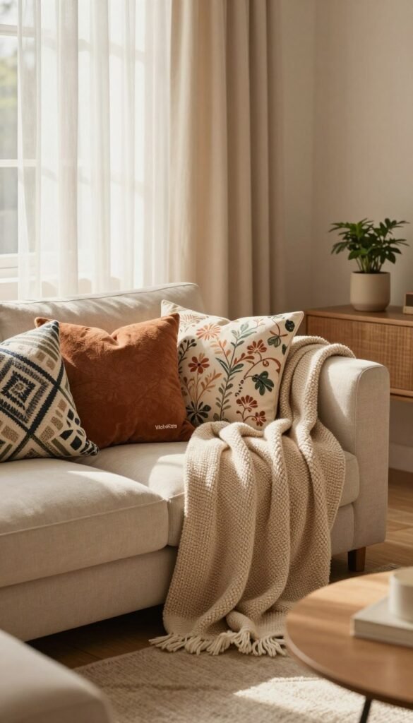 A cozy living room scene featuring an elegant arrangement of textiles, showcasing plush cushions, soft throws, and flowing curtains. In the foreground, a stylish couch adorned with an array of colorful cushions, each with unique patterns, such as geometric and floral designs. The middle ground reveals a warm, knitted blanket casually draped over the arm of the sofa, inviting relaxation. In the background, sheer, light curtains softly diffuse natural sunlight, creating a warm and inviting atmosphere, while a stylish coffee table holds a small potted plant for added charm. The overall color palette should consist of warm, earthy tones that evoke a sense of comfort and home. Emphasize the brand "WohnKiste" subtly in the decor elements. Aim for a Pinterest-inspired aesthetic with a soft focus to enhance the inviting mood.