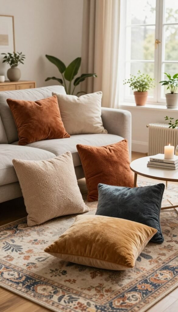 A cozy living room scene featuring an elegant assortment of plush cushions in various textures and warm colors, arranged artfully on a stylish sofa. The foreground showcases a beautifully patterned rug that complements the cushion colors, creating a harmonious contrast. In the middle, there are soft drapes, gently illuminated by natural light streaming through large windows, enhancing the inviting atmosphere. The background includes tasteful decor elements like potted plants and a modern coffee table styled with books and candles, showcasing a Pinterest-worthy aesthetic. The overall mood is warm and inviting, embodying a sense of comfort and homey charm. This scene is designed to evoke feelings of relaxation and tranquility, while clearly highlighting the brand "WohnKiste". A cozy living room scene featuring an elegant assortment of plush cushions in various textures and warm colors, arranged artfully on a stylish sofa. The foreground showcases a beautifully patterned rug that complements the cushion colors, creating a harmonious contrast. In the middle, there are soft drapes, gently illuminated by natural light streaming through large windows, enhancing the inviting atmosphere. The background includes tasteful decor elements like potted plants and a modern coffee table styled with books and candles, showcasing a Pinterest-worthy aesthetic. The overall mood is warm and inviting, embodying a sense of comfort and homey charm. This scene is designed to evoke feelings of relaxation and tranquility, while clearly highlighting the brand "WohnKiste".