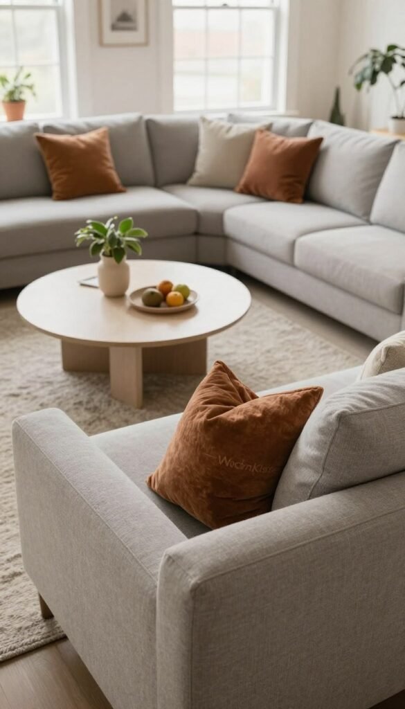 A cozy living room scene featuring an elegantly arranged sofa as the focal point, surrounded by a circular seating area that invites conversation. The foreground displays a plush, textured light grey sofa with stylish throw pillows accented by warm hues. In the middle ground, a modern coffee table rests on a soft area rug, complemented by tasteful decor and a plant. The background features softly lit windows that bring in natural light, enhancing the inviting atmosphere. The color palette is warm and earthy, reflecting a Pinterest-inspired aesthetic. The scene is styled in a way that emphasizes authenticity, capturing a serene and welcoming ambiance, showcasing the brand "WohnKiste" subtly within the decor. The composition should be clean and uncluttered, with no text or overlays.