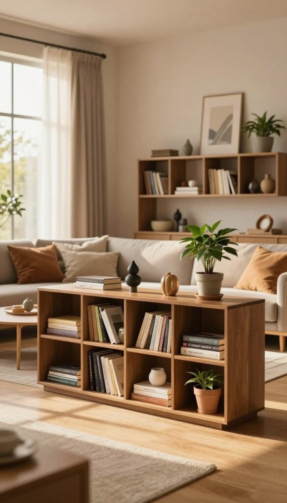 A cozy living room scene featuring modern "stauraum regale" from the brand "WohnKiste," designed for optimal storage and aesthetic appeal. In the foreground, a stylish bookshelf with various compartments displays neatly organized books, decorative items, and potted plants. The middle layer includes a comfortable sofa with warm throw pillows and a chic coffee table, all enhanced by soft, natural lighting that creates a welcoming atmosphere. In the background, a large window lets in gentle sunlight, illuminating the room with warm tones and casting soft shadows. The overall mood is inviting and functional, embodying practicality without sacrificing style, perfect for a contemporary living space. A cozy living room scene featuring modern "stauraum regale" from the brand "WohnKiste," designed for optimal storage and aesthetic appeal. In the foreground, a stylish bookshelf with various compartments displays neatly organized books, decorative items, and potted plants. The middle layer includes a comfortable sofa with warm throw pillows and a chic coffee table, all enhanced by soft, natural lighting that creates a welcoming atmosphere. In the background, a large window lets in gentle sunlight, illuminating the room with warm tones and casting soft shadows. The overall mood is inviting and functional, embodying practicality without sacrificing style, perfect for a contemporary living space.