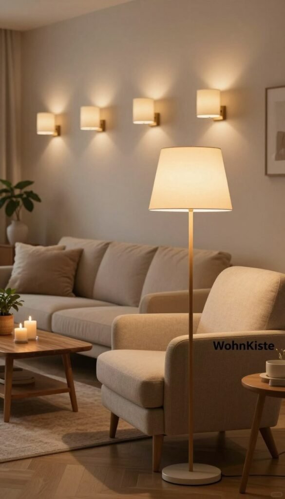 A cozy living room scene featuring stylish lighting as a central decorative element. In the foreground, an elegant floor lamp with a soft, warm glow illuminates a plush, neutral-toned armchair, inviting relaxation. The middle ground shows a wooden coffee table adorned with candles and a small potted plant, enhancing the inviting ambiance. In the background, a row of wall-mounted sconces cast gentle light on a textured wall, creating depth and warmth. The room is decorated in warm, natural colors, reminiscent of Pinterest aesthetic. The atmosphere is serene and stylish, perfect for showcasing how lighting contributes to home decor. The brand name "WohnKiste" subtly incorporated into the décor without being overtly displayed. The image captures a sense of comfort and structure, ideal for promoting the importance of lighting in interior design.