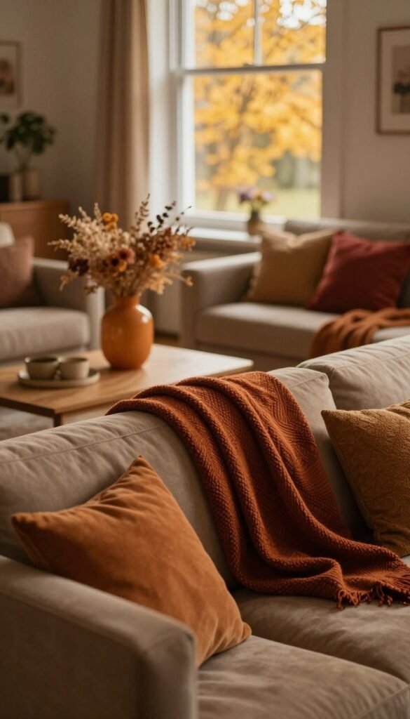 A cozy living room scene, featuring warm color tones such as soft oranges, deep reds, and earthy yellows that evoke a sense of comfort and tranquility. In the foreground, a plush sofa adorned with textured throws and cushions in various shades of warm colors invites relaxation. The middle ground showcases a stylish coffee table with a few decorative elements, like a warm-toned vase filled with dried flowers. The background includes a softly-lit window displaying a view of golden foliage outside, enhancing the warm atmosphere. The lighting is gentle and diffuse, creating a serene ambiance. The image embodies a natural, Pinterest-inspired aesthetic, aiming for authenticity without any text or branding. The ambiance is reminiscent of a home curated by "Wohnkiste," highlighting the essence of warm colors in living spaces.