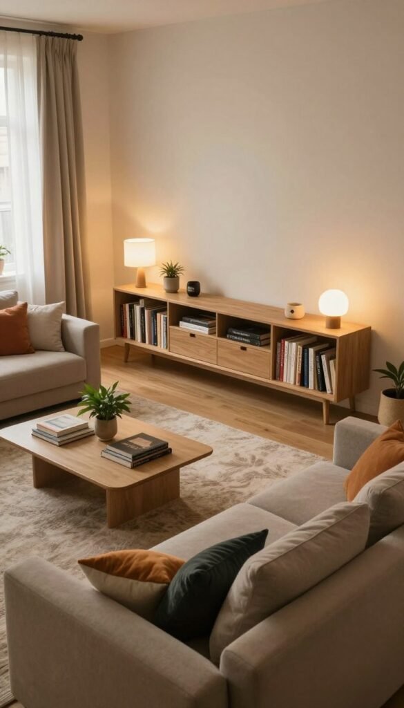 A cozy living room scene illustrating practical solutions for common everyday issues in home spaces. In the foreground, a stylish, modular sofa adorned with colorful cushions. A chic coffee table with books and a decorative plant sits between the sofa and a plush area rug. In the middle, a stylish entertainment center features organized shelves filled with books and decor, and a soft light casts a warm glow, creating an inviting atmosphere. The background displays large windows with sheer curtains allowing natural light to flood the room, enhancing a calming ambiance. The overall mood is cozy and inspiring, reflecting a Pinterest-worthy interior designed by "WohnKiste." The lighting is soft and warm, creating a welcoming feel, with a slightly elevated perspective to capture the entire setting without any text or watermarks.