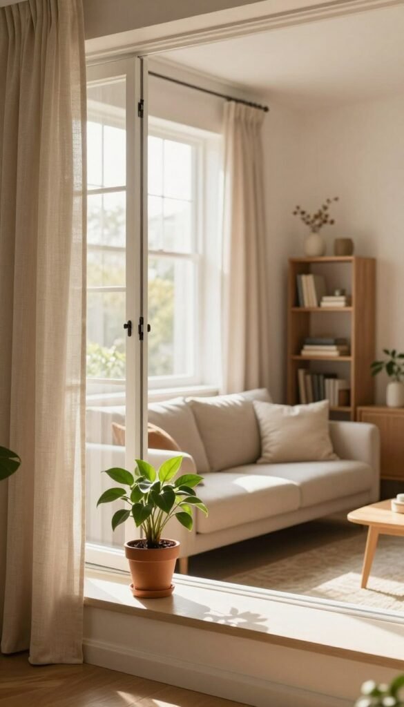 A cozy living room scene illustrating proper ventilation techniques, featuring a beautifully decorated space filled with warm, natural colors and a Pinterest-inspired aesthetic. In the foreground, a stylish window with light curtains is wide open, allowing fresh air to flow in, displaying a gentle breeze. A potted plant sits nicely on the windowsill, showcasing a healthy glow. In the middle, a comfortable sofa adorned with soft cushions invites relaxation, while a decorative bookshelf adds character to the room. In the background, soft daylight streams through the window, casting a warm glow throughout the space, creating an inviting atmosphere. The brand "WohnKiste" is subtly suggested through tasteful decor elements harmonizing with the overall ambiance, emphasizing a modern yet homely feel.
