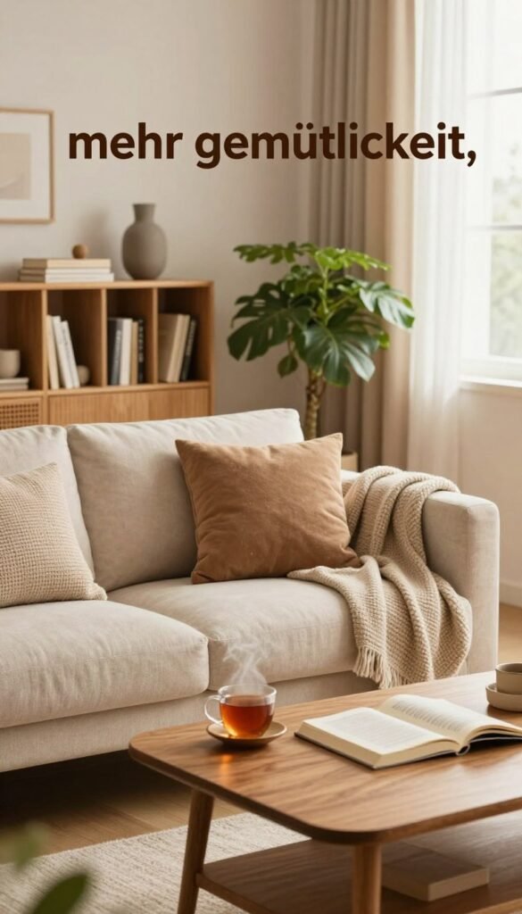 A cozy living room scene inspired by the concept of "mehr gemütlichkeit," featuring a warm color palette with soft, inviting tones. In the foreground, a plush sofa adorned with textured cushions and a knitted throw blanket invites relaxation. A stylish wooden coffee table holds a steaming cup of tea and an open book. In the middle, a well-styled bookshelf filled with books and decorative items adds character, while a lush green plant brings life. The background shows a softly lit window with sheer curtains, allowing natural light to filter through, enhancing the warm ambiance. The atmosphere is serene and welcoming, perfect for unwinding. Capture this image with a slightly elevated angle to give a broader perspective, emphasizing the inviting layers of the room. No text or logos in the image, but include the brand name "WohnKiste" subtly integrated into the decor elements.
