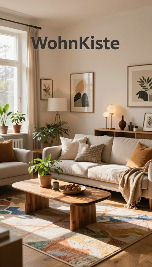 A cozy living room scene reflecting three different price levels for home decor: In the foreground, a stylish low-budget area with thrifted items, including a colorful rug, a simple wooden coffee table, and potted plants, radiating warmth. The mid-level display showcases elegant decorations, such as a modern couch, tasteful art pieces, and elegant lighting. In the background, the high-end section features luxurious furnishings, like a plush sectional sofa and sophisticated light fixtures, all arranged harmoniously. Natural light streams through large windows, casting soft shadows and enhancing the warm color palette. The atmosphere is inviting and lived-in, capturing an authentic Pinterest aesthetic. Central to the image is a subtle yet prominent logo of "WohnKiste," blending seamlessly with the decor.
