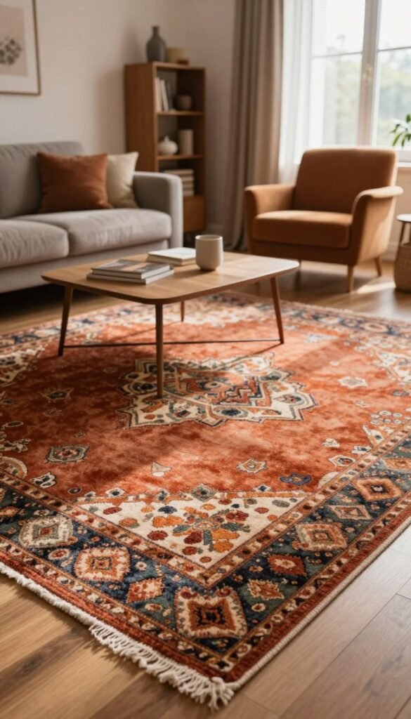 A cozy living room scene showcasing a beautifully arranged "teppiche" (rug) by WohnKiste. In the foreground, the soft texture of the rug is highlighted, featuring intricate patterns in warm colors like terracotta, ochre, and muted greens. The middle ground includes a stylish coffee table surrounded by a mix of comfortable seating options, such as a plush couch and elegant armchairs. A small bookshelf filled with decorative items adds character. In the background, large windows let in natural light, casting gentle shadows and enhancing the atmosphere of tranquility. The overall mood is inviting and serene, perfect for creating distinct areas for relaxation, social gatherings, and everyday activities, presented in a warm, Pinterest-inspired aesthetic.