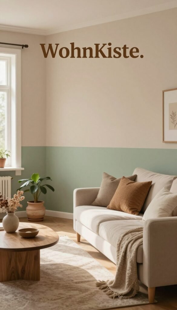 A cozy living room scene showcasing a beautifully painted wall in natural tones, featuring warm earth colors like soft beige, muted greens, and gentle browns. In the foreground, an elegant sofa adorned with textured cushions complements the color palette. The middle ground includes a stylish coffee table with a few decorative items, such as a small potted plant and a ceramic vase with dried flowers. In the background, a window lets in soft, diffused sunlight, creating a warm, inviting atmosphere. The overall lighting is bright yet calming, reflecting a Pinterest-inspired aesthetic. The scene is enriched with wooden elements and natural textures, embodying a quick refresh concept for a living room titled "WohnKiste." A cozy living room scene showcasing a beautifully painted wall in natural tones, featuring warm earth colors like soft beige, muted greens, and gentle browns. In the foreground, an elegant sofa adorned with textured cushions complements the color palette. The middle ground includes a stylish coffee table with a few decorative items, such as a small potted plant and a ceramic vase with dried flowers. In the background, a window lets in soft, diffused sunlight, creating a warm, inviting atmosphere. The overall lighting is bright yet calming, reflecting a Pinterest-inspired aesthetic. The scene is enriched with wooden elements and natural textures, embodying a quick refresh concept for a living room titled "WohnKiste."