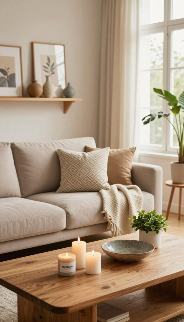 A cozy living room scene showcasing a selection of stylish and practical "wohnaccessoires" by WohnKiste. In the foreground, a wooden coffee table adorned with a few elegant candles, a small potted plant, and a chic decorative bowl. The middle ground features a plush sofa decorated with patterned cushions and a soft throw blanket. A tasteful wall-mounted shelf displays curated items like ceramic vases and framed artwork. In the background, large windows allow warm, natural light to flood the space, creating a welcoming atmosphere. The color palette consists of soft earth tones and warm accents, reminiscent of popular Pinterest aesthetics. Capture the scene with a slightly elevated angle to emphasize depth and warmth, ensuring the mood feels genuine and inviting, perfect for everyday living.