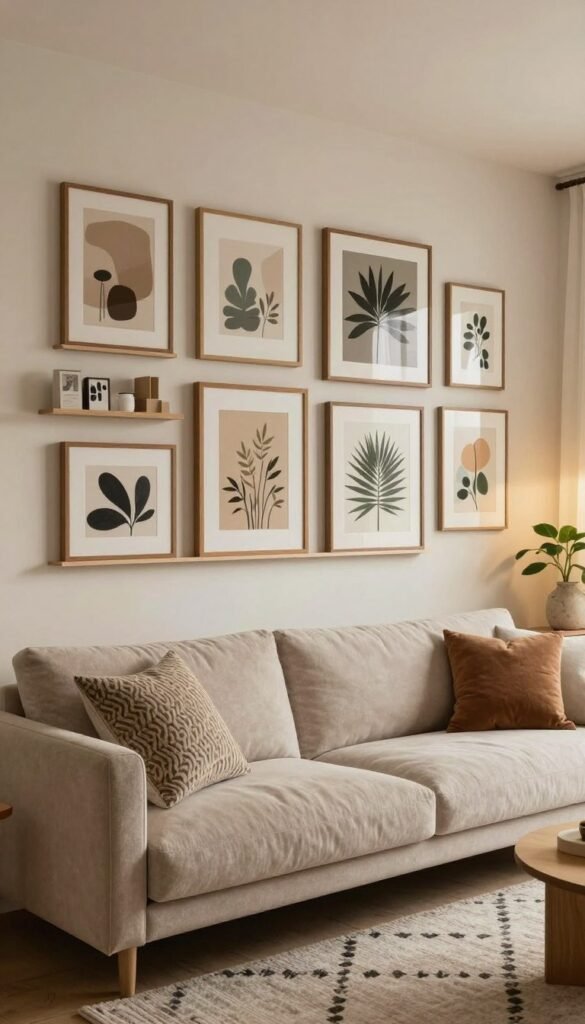 A cozy living room scene showcasing a stylish gallery wall adorned with an array of unique and tasteful artworks framed in natural wood. The foreground features a plush, neutral-toned couch with decorative cushions, inviting viewers to imagine themselves relaxing in the space. The middle ground highlights a beautifully curated collection of art pieces on sleek picture ledges, incorporating a variety of sizes and styles, from abstract to botanical prints. The background reveals a softly lit room with warm, ambient lighting, enhancing the inviting atmosphere. A small indoor plant in a ceramic pot adds a touch of nature, while a stylish rug serves to anchor the room. The overall mood is serene and inspiring, embodying the achievable elegance associated with WohnKiste.