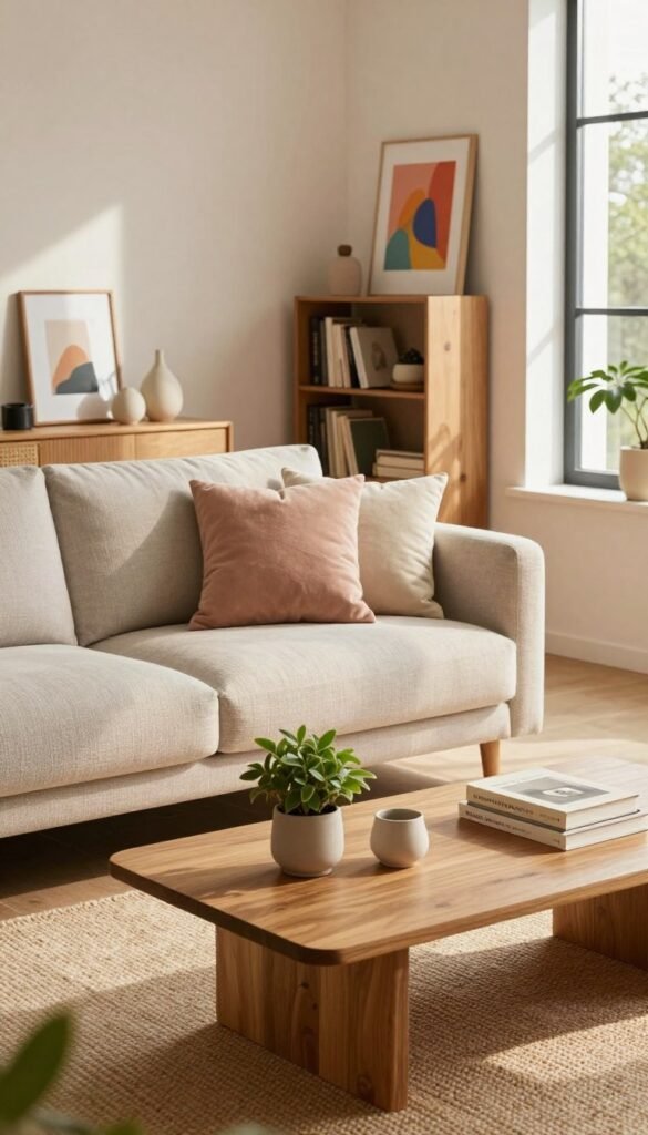 A cozy living room scene showcasing "auswahl wohnen" from WohnKiste. In the foreground, a lightly textured neutral sofa adorned with soft, pastel throw pillows rests on a warm, woven rug. On a wooden coffee table, a selection of minimalist decor items is elegantly arranged, including a small potted plant and a couple of stylish coffee books. The middle ground features a sleek bookshelf filled with curated decor accents and a few vibrant art pieces, providing an inviting and relaxed atmosphere. In the background, a large window allows natural light to stream in, casting soft shadows and enhancing the warm color palette. The overall mood is serene and welcoming, emphasizing a Pinterest-worthy aesthetic without any text or distractions.