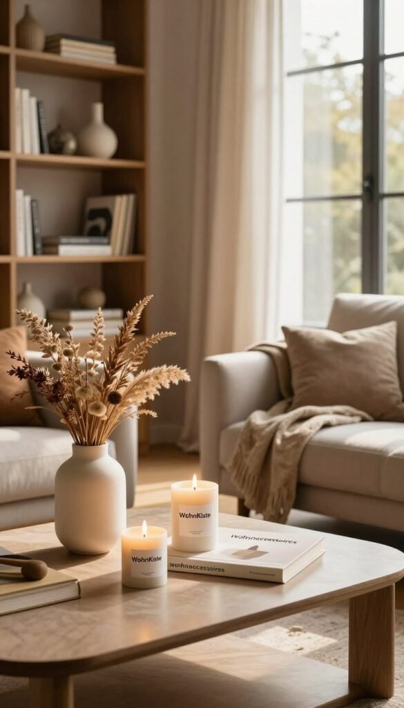 A cozy living room scene showcasing elegant "wohnaccessoires" that instantly enhance decor, featuring a neatly arranged coffee table with decorative candles, a stylish vase filled with dried flowers, and a soft throw draped over a chic armchair. In the background, a well-styled bookshelf displays a curated selection of art books and cozy knick-knacks, while a large window allows warm, natural light to pour in, casting soft shadows. The atmosphere is inviting and homely, evoking a Pinterest-like aesthetic with a harmonious color palette of earthy tones. The logo "WohnKiste" subtly integrated into one of the decor items lends a brand identity to this beautifully curated space. The composition captures a dynamic angle that emphasizes depth and warmth without any text or distractions.