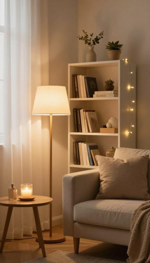 A cozy living room scene showcasing multiple light sources that evoke warmth and comfort. In the foreground, a stylish floor lamp with a warm glow beside an inviting armchair. A side table adorned with an elegant candle holder emitting soft light. In the middle ground, a well-lit bookshelf filled with books and decorative items, complemented by a string of fairy lights. The background features a soft, warm-hued wall with light filtering through sheer curtains, creating a relaxing atmosphere. The overall mood is welcoming and serene, with natural colors and a Pinterest-inspired aesthetic. Capture this inviting ambiance using a soft focus lens and warm lighting tones, emphasizing the tranquillity and charm of a perfectly lit space. Include subtle elements referencing the brand "WohnKiste".