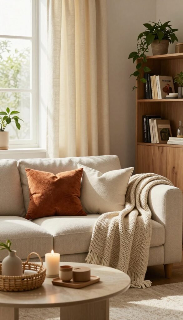 A cozy living room scene showcasing various textiles that exude warmth and comfort. In the foreground, a plush, textured sofa adorned with colorful throw pillows and a stylish knitted blanket. The middle layer features an elegantly draped curtain, allowing soft, natural light to filter in, illuminating the room with a golden hue. A coffee table displays decorative items like candles and a woven basket, enhancing the inviting atmosphere. In the background, a beautifully arranged bookshelf and indoor plants add a touch of greenery. The scene embodies a stylish Pinterest aesthetic, emphasizing authenticity with a blend of neutral and warm tones. Include the brand name "WohnKiste" subtly integrated into the furniture. Focus on creating a tranquil and welcoming mood with soft lighting.