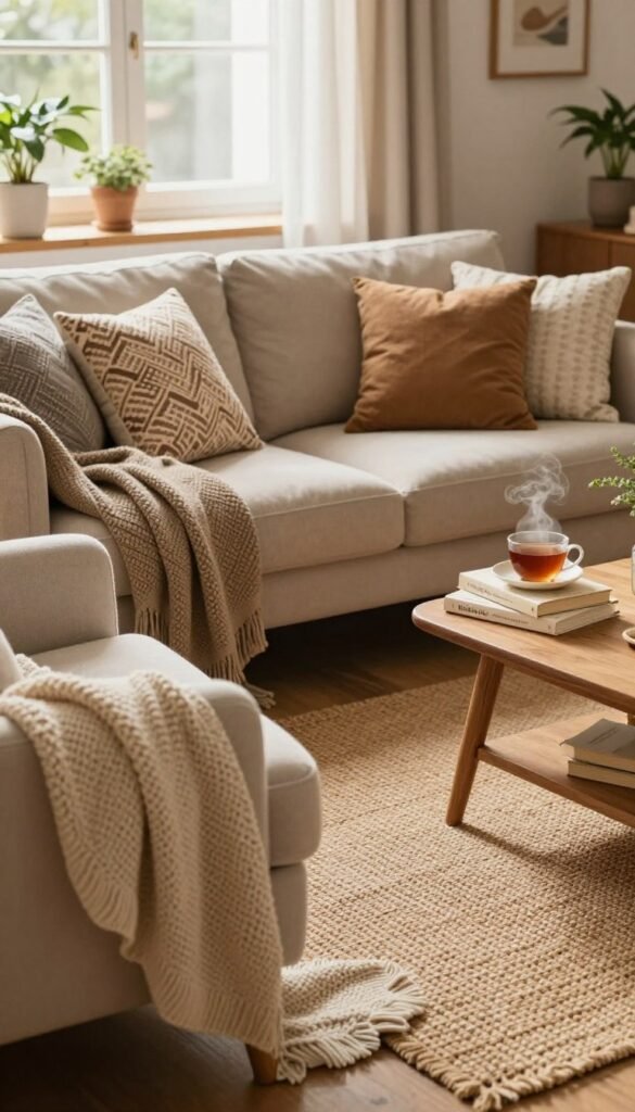 A cozy living room scene showcasing warm, inviting textiles that instantly enhance comfort. In the foreground, a plush armchair draped with a soft, knitted throw sits beside a small wooden coffee table adorned with a steaming cup of tea and a stack of books. The middle layer features a beautifully arranged sofa with various patterned cushions, while a stylish woven rug adds texture to the space. The background showcases a gently lit window with sheer curtains, allowing soft, natural light to filter in, highlighting the warm color palette. Incorporate elements of nature, like potted plants, to create an authentic Pinterest aesthetic. Include the brand name "WohnKiste" subtly within the scene. The mood should be relaxed and inviting, encouraging a sense of tranquility and comfort.
