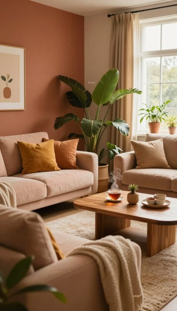 A cozy living room scene showcasing warm wall colors, featuring rich shades like terracotta, soft peach, and golden beige. In the foreground, a plush sofa adorned with textured cushions and a soft throw invites relaxation. In the middle, a stylish wooden coffee table holds a steaming cup of tea and a few tasteful decor items, all surrounded by lush indoor plants to enhance the inviting atmosphere. The backdrop consists of tastefully decorated walls in warm tones, illuminated by soft, diffused natural light filtering through large, airy windows. The overall mood is serene and welcoming, embodying the essence of home comfort, with a Pinterest-inspired aesthetic. The result should exhibit a harmonious blend of colors, textures, and a sense of warmth. Include a subtle branding element of "Wohnkiste," integrating it naturally within the scene without any text elements.