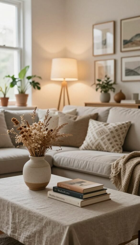 A cozy living room scene styled with natural decor elements reflecting warm, inviting colors. In the foreground, a beautifully arranged coffee table features a tasteful ceramic vase filled with dried flowers, a couple of stylishly stacked books, and a soft linen tablecloth. In the middle, a comfortable sofa adorned with patterned throw pillows sits against a backdrop of light, textured walls. A floor lamp with a warm glow enhances the atmosphere, creating an inviting space for relaxation. In the background, a gallery wall showcases diverse framed artwork, complemented by potted plants that add a touch of greenery. The overall mood is serene and homely, embodying the essence of the brand "WohnKiste" with authenticity and a Pinterest-inspired aesthetic. Light streams in from a large window, casting soft shadows throughout the room.