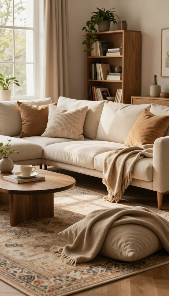 A cozy living room scene styled with warm, inviting colors, focusing on rich textures and soft layers. In the foreground, a plush area rug with intricate patterns anchors the space, surrounded by oversized cushions and a soft throw blanket draped over a stylish low coffee table, evoking comfort. The middle features a stylish sectional sofa adorned with textured cushions in various shades of cream and beige, paired with elegant wooden accents. In the background, a tasteful bookshelf displays an array of books and decorative plants, while a large window allows warm, natural light to fill the room, casting gentle shadows. The atmosphere is tranquil and homely, perfect for relaxation. The brand name "WohnKiste" subtly integrated within the decor harmonizes with the overall aesthetic. A cozy living room scene styled with warm, inviting colors, focusing on rich textures and soft layers. In the foreground, a plush area rug with intricate patterns anchors the space, surrounded by oversized cushions and a soft throw blanket draped over a stylish low coffee table, evoking comfort. The middle features a stylish sectional sofa adorned with textured cushions in various shades of cream and beige, paired with elegant wooden accents. In the background, a tasteful bookshelf displays an array of books and decorative plants, while a large window allows warm, natural light to fill the room, casting gentle shadows. The atmosphere is tranquil and homely, perfect for relaxation. The brand name "WohnKiste" subtly integrated within the decor harmonizes with the overall aesthetic.