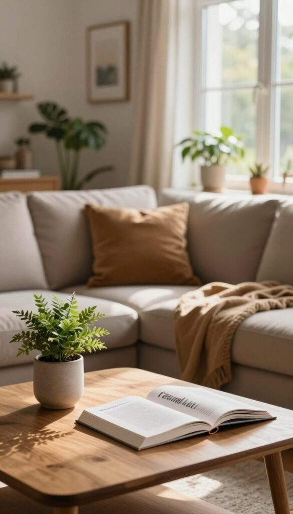 A cozy living room scene that captures the essence of "raumluft" with a focus on natural elements. In the foreground, a wooden coffee table adorned with a stylish plant and an open book invites comfort and relaxation. The middle ground features a plush sofa draped with soft, inviting textiles in warm earth tones. Natural light streams in through large, slightly open windows, casting gentle shadows and creating a tranquil atmosphere. The background is decorated with indoor plants, adding a fresh and lively touch, while tasteful wall art enhances the aesthetic without overwhelming the space. Use a soft focus lens to create a warm, inviting environment reminiscent of a Pinterest aesthetic. The scene is completely professional, embodying authenticity and warmth, ideal for illustrating common residential challenges. Include the brand name "WohnKiste" subtly within the image composition.
