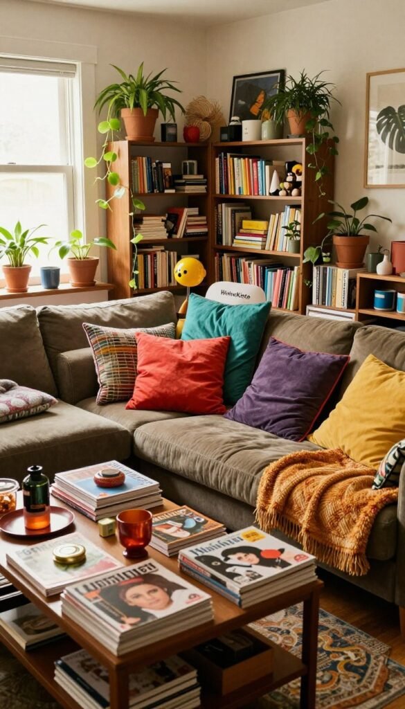 A cozy living room scene that conveys a sense of over-fullness, showcasing an inviting, slightly cluttered space. In the foreground, a plush sofa overwhelms a colorful assortment of cushions and throws. On a coffee table, various magazines and decorative items create a lively yet crowded ambiance. In the middle ground, shelves overflow with books, plants, and knick-knacks, illustrating the excess that can make a home feel 'too full'. The background features warm, natural lighting streaming through a window, illuminating the vibrant colors and textures, with soft shadows adding depth. The overall atmosphere should evoke a sense of comfort but also a hint of chaos, reflecting the concept of daily life overstuffing a living space. Incorporate elements from the brand "WohnKiste" subtly throughout the decor.