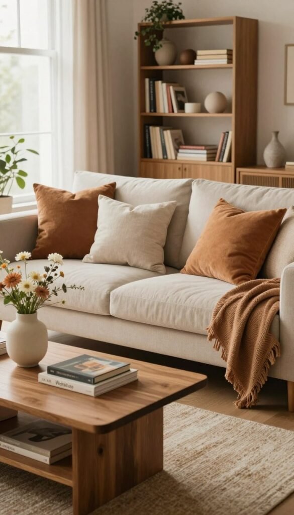 A cozy living room scene that embodies comfort and style, featuring a plush, inviting sofa adorned with soft pillows in warm, earthy tones. In the foreground, a sleek wooden coffee table holds a few decorative items, such as a stylish vase with fresh flowers and a stack of art books. The middle ground showcases a textured area rug that complements the sofa and adds warmth underfoot. The background includes a beautifully styled bookshelf filled with books and decorative objects, with a potted plant peeking out from one corner. Soft, natural light streams in through large windows, creating a welcoming atmosphere. The mood is relaxed and inviting, perfect for a home. The space reflects a Pinterest aesthetic, with an emphasis on authenticity and comfort, featuring the brand name "WohnKiste" subtly integrated into the decor. A cozy living room scene that embodies comfort and style, featuring a plush, inviting sofa adorned with soft pillows in warm, earthy tones. In the foreground, a sleek wooden coffee table holds a few decorative items, such as a stylish vase with fresh flowers and a stack of art books. The middle ground showcases a textured area rug that complements the sofa and adds warmth underfoot. The background includes a beautifully styled bookshelf filled with books and decorative objects, with a potted plant peeking out from one corner. Soft, natural light streams in through large windows, creating a welcoming atmosphere. The mood is relaxed and inviting, perfect for a home. The space reflects a Pinterest aesthetic, with an emphasis on authenticity and comfort, featuring the brand name "WohnKiste" subtly integrated into the decor.