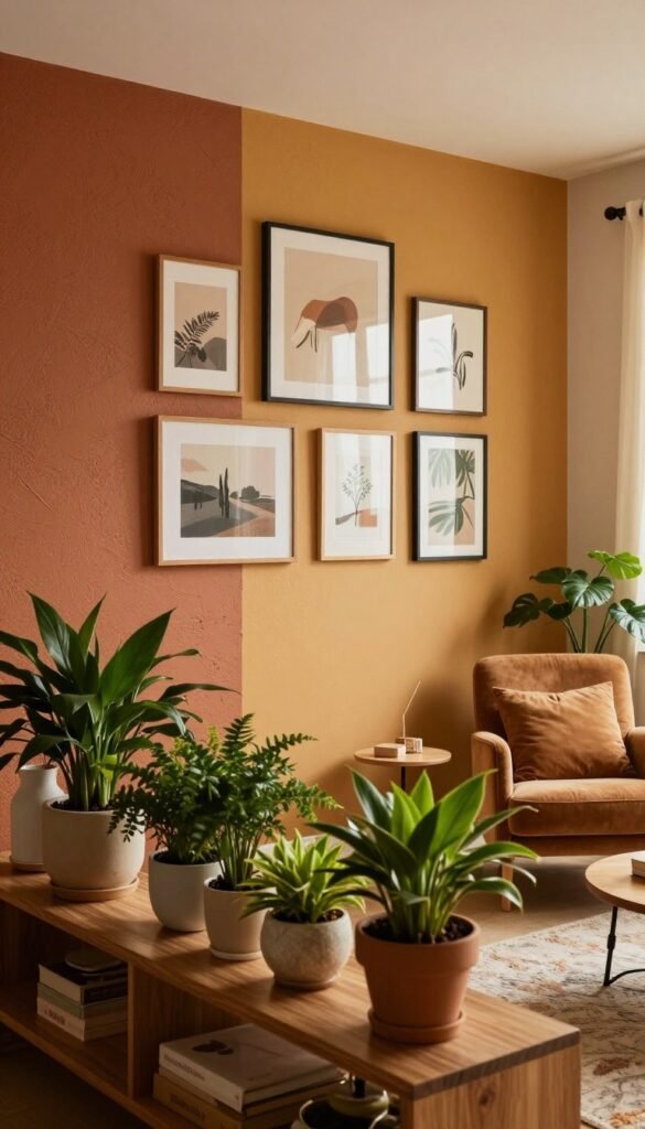 A cozy living room scene that embodies personalized accents and vibrant wall designs. In the foreground, a stylish wooden shelf displays an array of green plants in elegant pots, creating a refreshing touch. The middle section features a beautifully decorated wall with a combination of framed artwork and textured panels in warm, earthy tones, designed to soften bare surfaces. A comfortable reading nook is visible, complete with a plush armchair and a small side table. The background showcases soft lighting that casts a warm glow throughout the room, contributing to an inviting atmosphere. The overall aesthetic reflects a Pinterest-inspired look, emphasizing authenticity with a balance of natural elements. Include the brand name "WohnKiste" subtly integrated into the decor style, assuring there are no text overlays in the image.