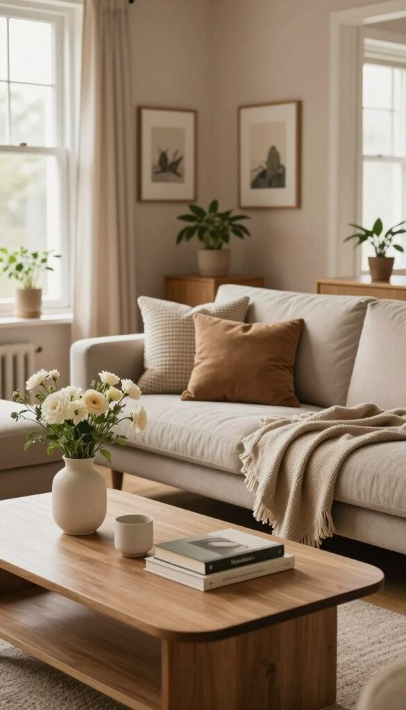 A cozy living room scene that embodies practical and aesthetically pleasing everyday décor, featuring a warm, inviting atmosphere with natural light streaming in through large windows. In the foreground, a stylish coffee table adorned with minimalist decor items, such as a vase of fresh flowers and a few carefully placed books. The middle ground showcases a plush sofa with textured cushions and a soft throw blanket draped casually. In the background, walls painted in soothing, earthy tones, accented by framed artwork and potted plants that bring life to the space. The overall color palette consists of warm hues, creating a welcoming environment. Capture this aesthetic with soft, diffused lighting, evoking a sense of tranquility and authenticity, resonating with the style of "WohnKiste".