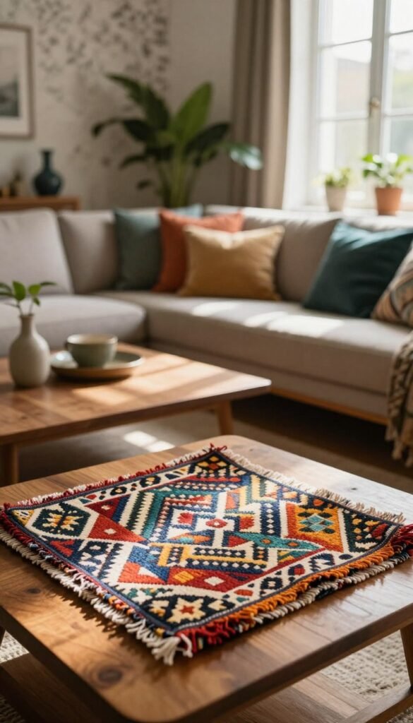 A cozy living room scene that embodies the concept of using patterns and natural light to enhance space. In the foreground, a vibrant, textured fabric swatch featuring an intricate geometric pattern sits atop a warm wooden coffee table. The middle ground showcases a stylish sofa adorned with pillows that echo the fabric's colors, surrounded by plants that add a touch of greenery. Soft, diffused sunlight streams through large windows, casting gentle shadows and highlighting the rich tones of the decor. The background features a tastefully designed accent wall with subtle wallpaper patterns, evoking a harmonious atmosphere. The overall mood is inviting and reflective, with a Pinterest-inspired aesthetic that aligns with WohnKiste’s values of authentic design.