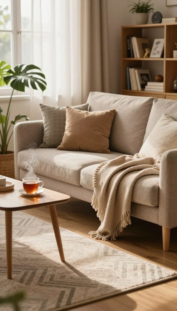 A cozy living room scene that embodies the essence of warmth and comfort, featuring a plush sofa draped in soft, textured throws and a small coffee table with a steaming cup of tea. In the foreground, a stylish rug lies on a wooden floor, while indoor plants add a touch of greenery. In the middle ground, natural light filters through sheer curtains, creating a soft, inviting glow. The background showcases a bookshelf filled with books and personal mementos, enhancing the sense of home. The atmosphere is serene and welcoming, capturing a Pinterest-inspired aesthetic with warm colors. The brand name "WohnKiste" is subtly represented through decor items, seamlessly integrated into the scene. The composition invites the viewer to reflect on the challenges of creating a truly cozy space.