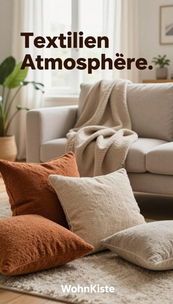 A cozy living room scene that highlights the concept of "Textilien Atmosphäre." In the foreground, showcase a beautifully arranged selection of textured cushions in warm, inviting colors, resting on a plush area rug. In the middle, a soft, layered throw blanket drapes casually over the arm of a modern, elegant sofa. The background features a serene window with sheer curtains that let in soft, natural light, illuminating the space. Include houseplants to add freshness and vibrancy. The overall mood is inviting and tranquil, emphasizing comfort and warmth. Use a shallow depth of field to create focus on the textiles, and incorporate a Pinterest-like aesthetic. Ensure the brand name "WohnKiste" is subtly represented in decor elements, without any text overlays.