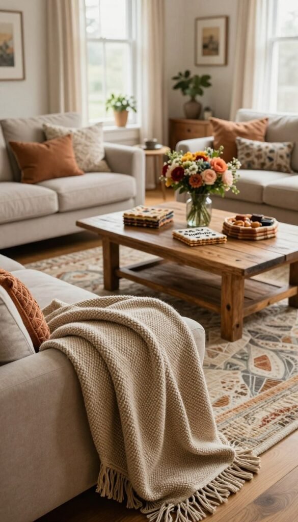 A cozy living room scene with a focus on textiles, showcasing a harmonious blend of warm earthy tones. In the foreground, a beautifully textured woven throw drapes over a plush sofa, complemented by a mix of patterned cushions. The middle ground features a rustic wooden coffee table topped with decorative fabric coasters and a vibrant floral centerpiece, surrounded by soft, layered rugs that add depth. In the background, large windows bathe the room in natural light, highlighting sheer curtains that sway gently with a breeze. The atmosphere is inviting and relaxed, reminiscent of a Pinterest aesthetic, capturing the essence of everyday decor challenges with textiles. The image should convey authenticity and warmth, embodying the brand "WohnKiste."