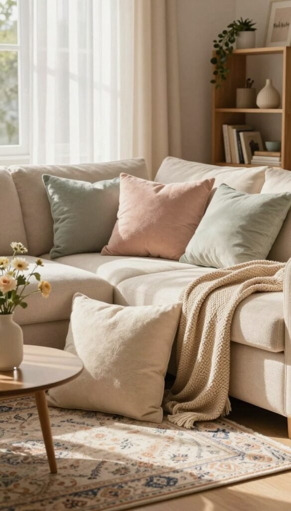 A cozy living room scene with warm, natural colors and a Pinterest-inspired aesthetic, showcasing a harmonious arrangement of textiles. In the foreground, fluffy cushions in soft pastel hues are piled on a plush, textured sofa. A woven throw blanket drapes elegantly over one arm of the sofa, while a stylish area rug featuring intricate patterns lies beneath it. In the middle ground, sheer curtains filter gentle sunlight, casting soft shadows, creating a serene atmosphere. On a small coffee table, a delicate vase holds fresh flowers, enhancing the inviting mood. The background features a bookshelf adorned with decorative items and plants, adding depth and character. Emphasize an authentic, homely feel, reflecting the essence of "WohnKiste" without any text overlays.