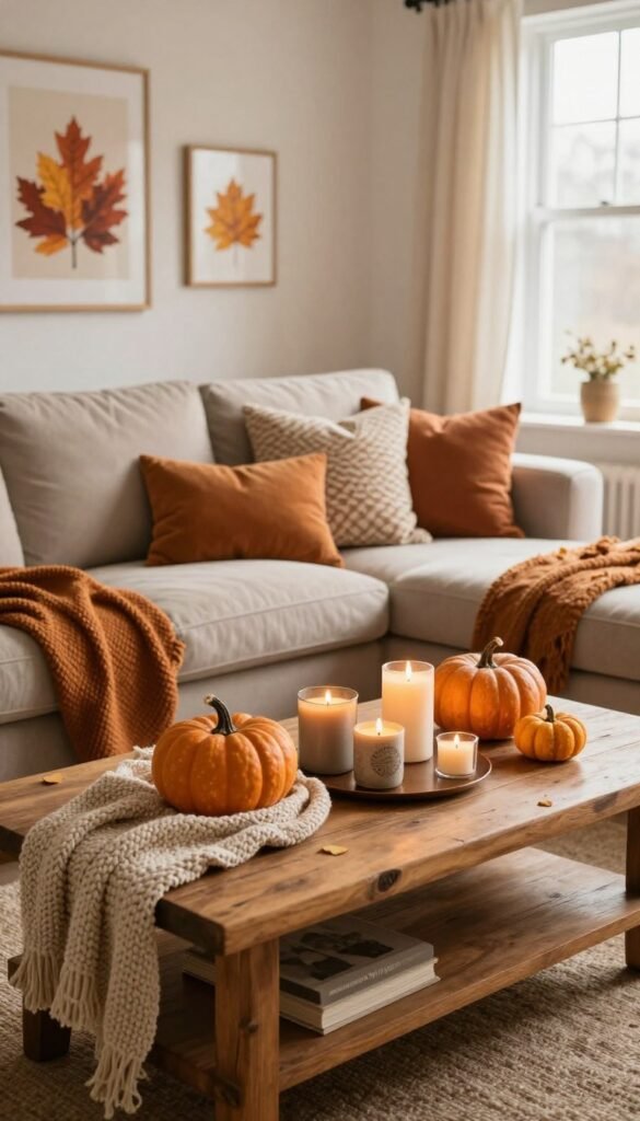 A cozy living room setting decorated with seasonal decor for fall. In the foreground, a rustic wooden coffee table adorned with a beautiful arrangement of pumpkins, candle holders, and warm-toned textiles, including a soft knitted throw. In the middle ground, an inviting couch set against a wall adorned with autumn-themed artwork, surrounded by decorative pillows. The background features a window with soft natural light streaming in, illuminating the space with a warm glow, creating a welcoming atmosphere. The overall mood is comfortable and inviting, reminiscent of Pinterest aesthetics. Include subtle hints of the brand "WohnKiste" integrated into the decor elements.