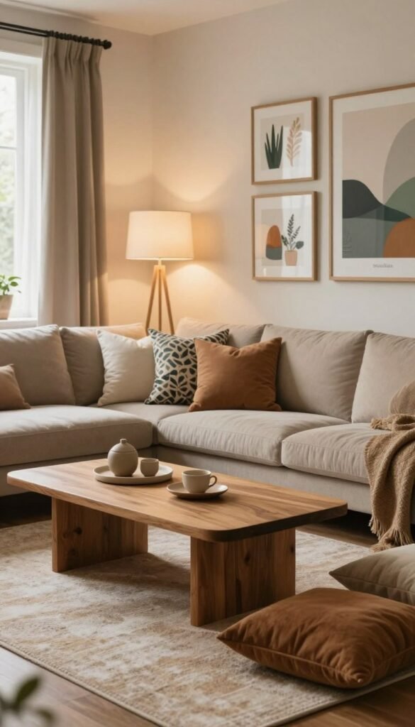 A cozy living room setting designed with warm, inviting colors and natural materials. In the foreground, a stylish wooden coffee table sits atop a soft area rug, surrounded by plush cushions in various shades of earth tones. In the middle ground, a large, comfortable sofa is adorned with patterned throw pillows, while a sleek floor lamp casts a soft, warm glow. The background features a well-decorated wall with framed artwork showcasing harmonious colors that reflect natural elements. Soft, diffused natural light filters in through a large window, creating a serene atmosphere. The overall mood is one of comfort and inspiration, perfect for interior decoration ideas. The brand “WohnKiste” is subtly suggested through the use of thoughtfully curated decor, emphasizing a Pinterest-worthy aesthetic without any text or logos.
