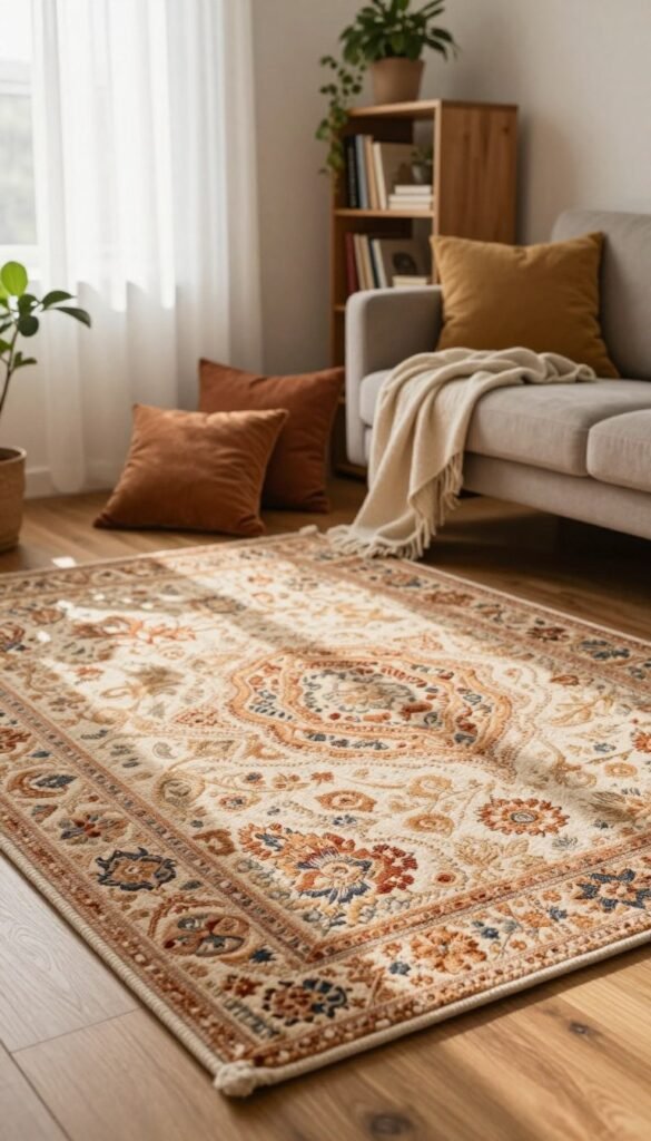 A cozy living room setting featuring a beautiful, textured teppich in warm, earthy tones as the focal point. The foreground showcases a plush, intricately woven rug sprawled on a natural wooden floor, with sunlight filtering through sheer curtains, creating a soft glow. In the middle ground, there are inviting cushions in complementary colors and a lightweight throw blanket casually draped over a stylish armchair. In the background, a tastefully arranged bookshelf and indoor plants add depth, enhancing the ambience of comfort and warmth. The overall mood is inviting and serene, ideal for illustrating a homely atmosphere. The scene reflects a Pinterest-inspired aesthetic, showcasing the brand "WohnKiste" subtly in the décor elements without any text or signage.