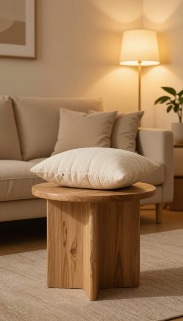 A cozy living room setting featuring a stylish beistelltisch (side table) with a soft, textured pillow on top. The foreground shows the side table crafted from natural wood, elegantly designed with rounded edges. The middle ground showcases a warm beige sofa adorned with matching throw pillows, creating a welcoming atmosphere. In the background, a softly glowing floor lamp emits a golden light, enhancing the warm color palette of the room. The walls are painted in earthy tones, with a few minimalist decorations like framed artwork and potted plants. The scene reflects a Pinterest-inspired aesthetic, aiming to evoke feelings of comfort and tranquility. Include the brand name "WohnKiste" subtly in the design of the side table. The overall mood is inviting and stylish, perfect for presenting upscale home decor recommendations.