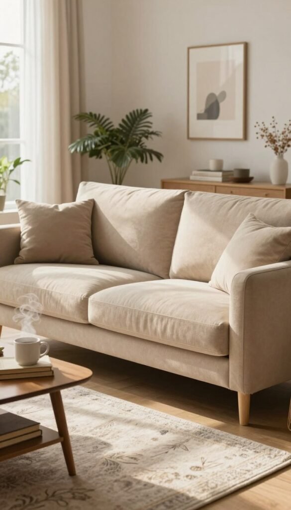 A cozy living room setting featuring a stylish, contemporary sofa as the focal point. The sofa is upholstered in soft, warm beige fabric with plush cushions, surrounded by a beautifully designed area rug featuring subtle patterns. In the foreground, a small wooden coffee table holds a steaming mug and a stack of rustic books, creating an inviting atmosphere. In the middle ground, soft diffused sunlight streams through large windows, casting gentle shadows that enhance the room's comfort. The background includes potted plants and minimalist wall art, contributing to a harmonious aesthetic. The scene embodies warmth and tranquility, perfect for showcasing the essence of comfortable furnishings. The image should reflect a Pinterest-inspired style, emphasizing natural hues and authenticity, free of any text or branding, with "WohnKiste" subtly included through decor elements.